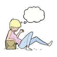 cartoon woman leaning on package box with thought bubble N9