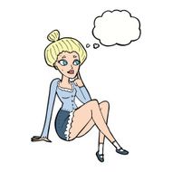 cartoon attractive woman sitting thinking with thought bubble N8