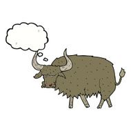 cartoon annoyed hairy cow with thought bubble