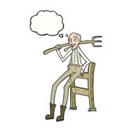 cartoon old farmer leaning on fence with thought bubble N6