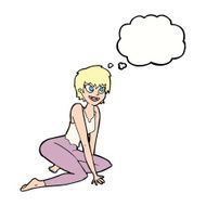 cartoon happy woman sitting on floor with thought bubble N17