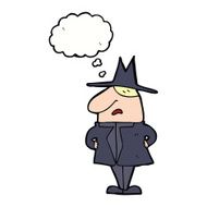 cartoon man in coat and hat with thought bubble N9