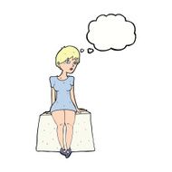 cartoon curious woman sitting with thought bubble N9