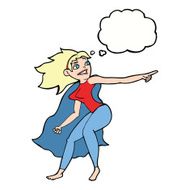 cartoon superhero woman pointing with thought bubble N7