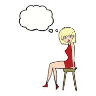 cartoon woman sitting on stool with thought bubble N16