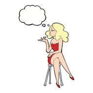 cartoon woman sitting on bar stool with thought bubble N17