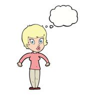 cartoon woman shrugging shoulders with thought bubble N391