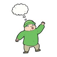 cartoon man in hat waving with thought bubble N9