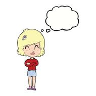 cartoon happy woman with folded arms thought bubble N16