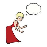 cartoon woman in dress gesturing with thought bubble N9