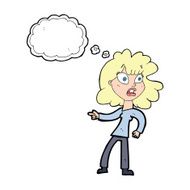 cartoon worried woman pointing with thought bubble N9