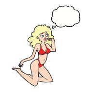 cartoon woman in underwear looking thoughtful with thought bubbl N9