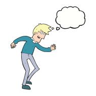 cartoon happy man dancing with thought bubble N32