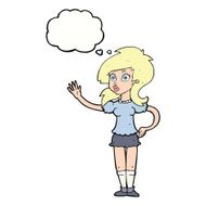 cartoon pretty woman waving for attention with thought bubble N9