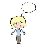 cartoon woman shrugging with thought bubble N47