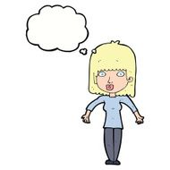 cartoon woman shrugging with thought bubble N48