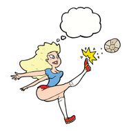 cartoon female soccer player kicking ball with thought bubble N9