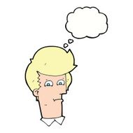 cartoon man narrowing eyes with thought bubble N32