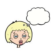 cartoon woman narrowing eyes with thought bubble N9