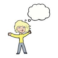 cartoon excited woman waving with thought bubble N9