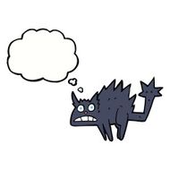 cartoon frightened black cat with thought bubble