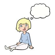 cartoon woman sitting on floor with thought bubble N9