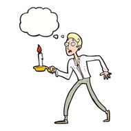 cartoon frightened man walking with candlestick thought bub N9