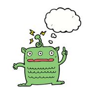 cartoon weird little alien with thought bubble N17