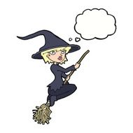 cartoon witch riding broomstick with thought bubble N16