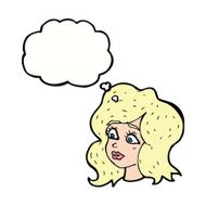 cartoon woman looking concerned with thought bubble N8