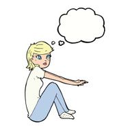 cartoon pretty girl sitting with thought bubble N9