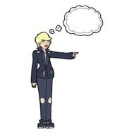 cartoon woman in leather jacket pointing with thought bubble N8
