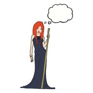 cartoon sorceress with thought bubble N9