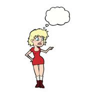 cartoon worried woman in dress pointing with thought bubble N8
