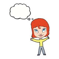 cartoon happy woman waving arms with thought bubble N9