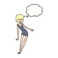 cartoon woman in dress leaning with thought bubble N8
