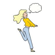 cartoon happy girl kicking out leg with thought bubble N8