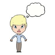 cartoon woman shrugging shoulders with thought bubble N394