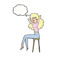 cartoon woman posing on stool with thought bubble N8