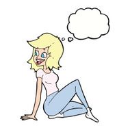 cartoon pretty woman looking happy with thought bubble N8