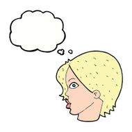 cartoon female face staring with thought bubble
