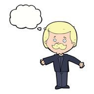 cartoon mustache man with open arms thought bubble N8