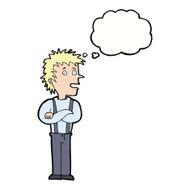 cartoon boy with folded arms thought bubble N16