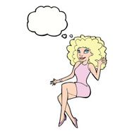 cartoon sitting woman waving with thought bubble N9