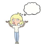 cartoon woman throwing arms in air with thought bubble N9