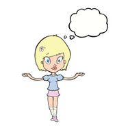 cartoon woman making balancing gesture with thought bubble N9