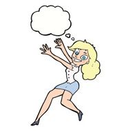 cartoon happy woman jumping with thought bubble N8