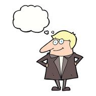 cartoon happy man in suit with thought bubble N8