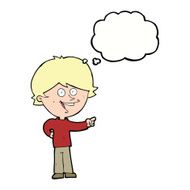 cartoon boy laughing and pointing with thought bubble N8