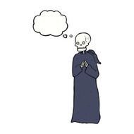 cartoon skeleton in black robe with thought bubble N5